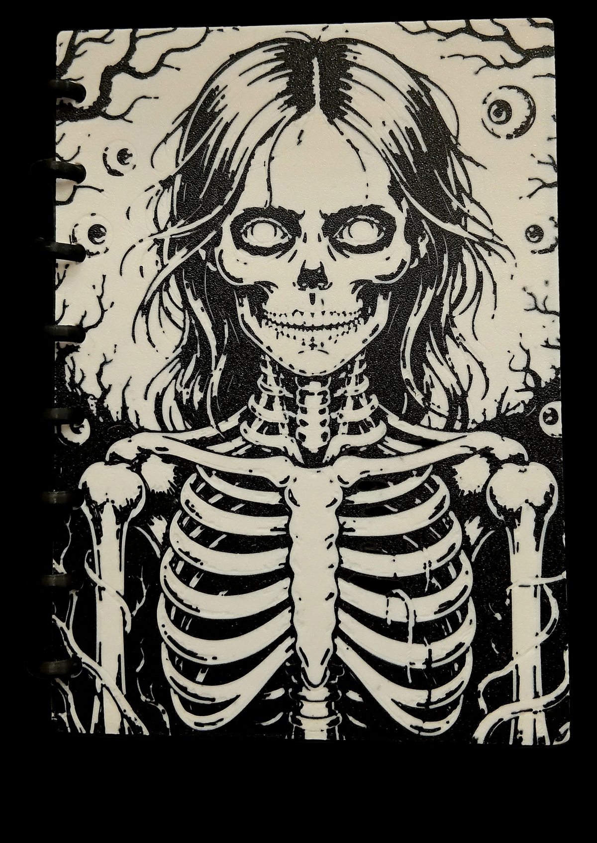3D Printed A5 Notebook, black and white skeleton lady